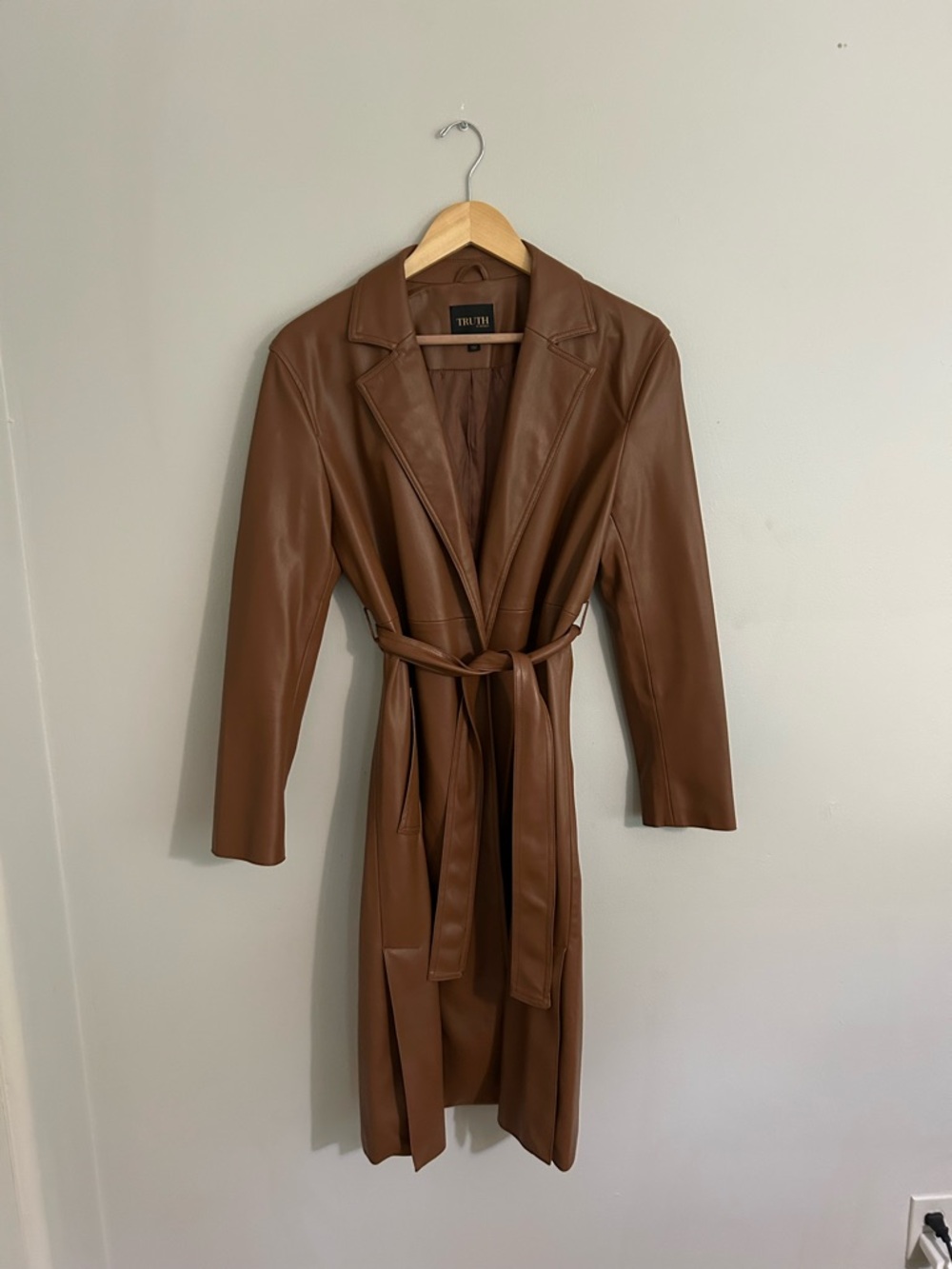 Faux-Leather Belted Trench Coat in Chestnut by TrinTh